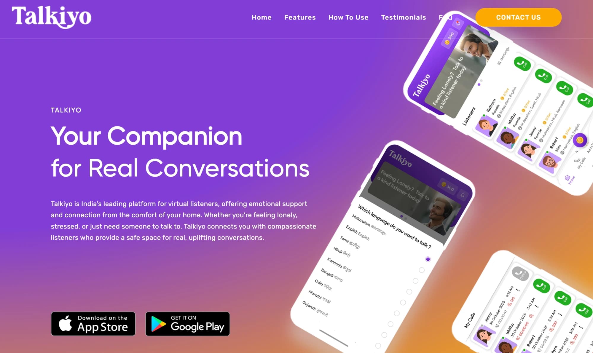 Talkiyo landing page, with the listener and language-picker screens